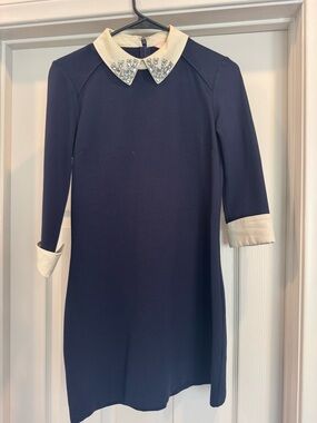 Ted Baker Navy Dress with Ivory Jeweled Collar
